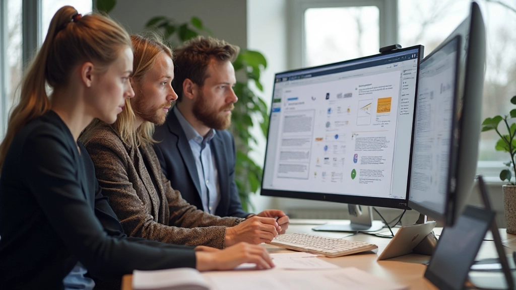 Professional foto van digitaal ontwerp team dat informatiestructuur bespreekt in modern kantoor