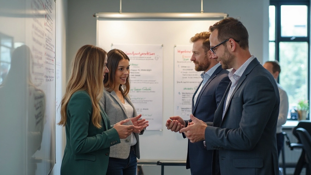 Team discussie rond whiteboard met gebruikerstest resultaten en verbeteringspunten aangevinkt